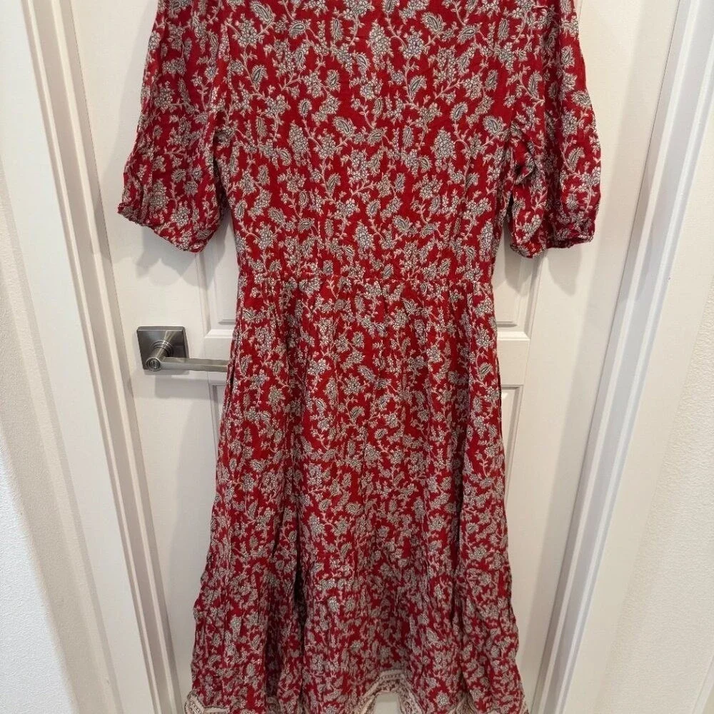 Madewell Red Paisley Floral Button Front Puff Sleeve Tiered Midi Dress 4 - Picture 10 of 11